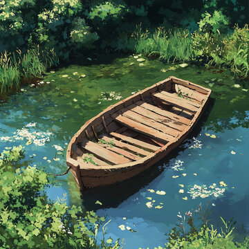 Afternoon Solace: Secluded Raft Captured in Sunny Afternoon Using 128-bit Gouache Technique