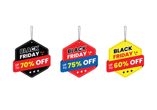Black Friday offer dangler Vector template design, 70% off, 75% off, 60% off,  Black friday realistic hanging sales label collection, tag, sticker multiple color.