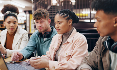 People, university student and group work with laptop at library for research, assignment and...