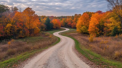 Scenic road through a colorful autumn forest, viewed from an elevated angle, showcasing the vibrant foliage and winding path 