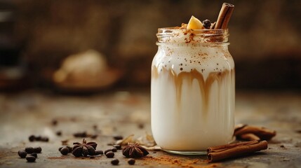 Homemade Pumpkin Spice Latte with Autumn Spices and Cinnamon Sticks