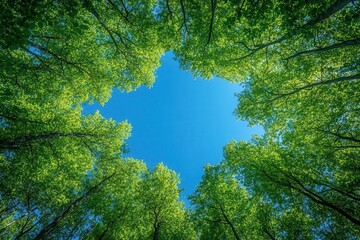 clear blue sky framed by lush green trees presented in a vertical format embodying the essence of carbon neutrality perfect for earth day or environmental awareness