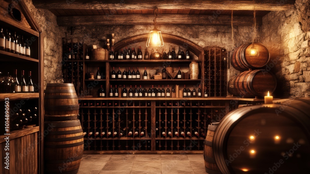 Poster explore the rustic charm of a wine cellar filled with wooden barrels and shelves brimming with fine 