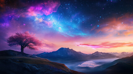 Fototapeta premium Dreamlike AI-Generated Holographic Landscape Portraying Surreal Beauty and Otherworldly Features in a Fantastical Setting