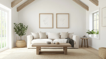 Fototapeta premium A cozy living room featuring white sofa adorned with soft cushions, wooden coffee table, and natural decor elements. space is bright and inviting, perfect for relaxation