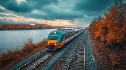 Red train moving along lake in beautiful mountain landscape. - Powered by Adobe