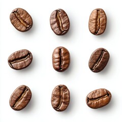 A set of coffee beans, roasted whole beans in a small pile, isolated on white background