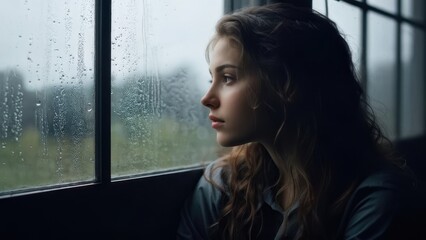 A contemplative young woman gazes out a rainy window, reflecting on her thoughts.