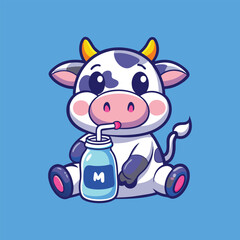 Cute Cartoon Cow Drinking Milk From A Bottle Vector Illustration.