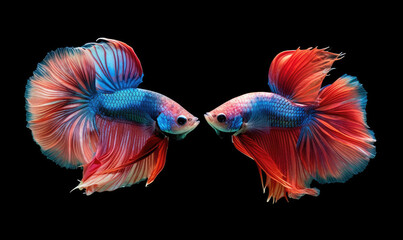 Beautiful movement of Fullmoon betta fish, Two Fancy Fullmoon Betta, The moving moment beautiful of Siamese Fighting fish, Betta splendens, Rhythmic of Betta fish isolated on black background