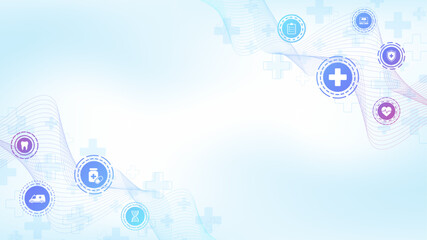 Modern health care banner template with flat icons. Medical innovation concept for header, web banner, website, presentation. Vector illustration