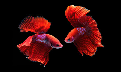 Naklejka premium Beautiful movement of red betta fish, Two Fancy Halfmoon Betta, The moving moment beautiful of Siamese Fighting fish, Betta splendens, Rhythmic of Betta fish isolated on black background