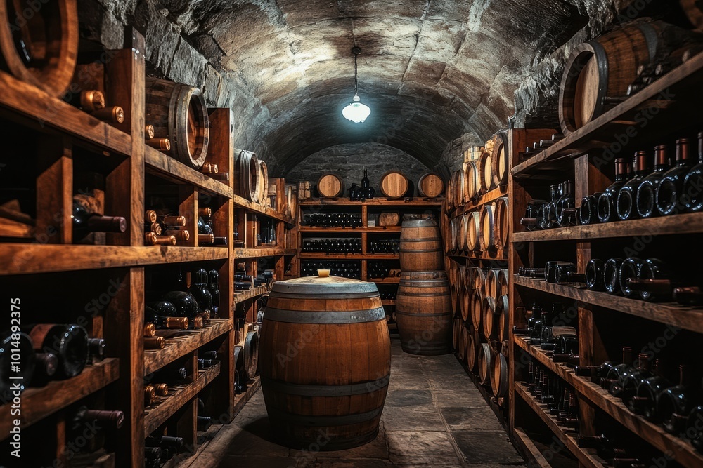 Poster a rustic wine cellar with wooden barrels and shelves of wine bottles in a dimly lit stone archway. g