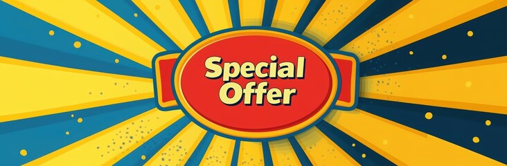 Black Friday. Cyber Monday. yellow sunburst and blue background, red circle in the center with text Special offer