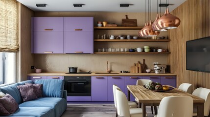 Minimalist apartment with lavender kitchen cabinets, wooden shelves, wheat walls, copper pendant lights, peacock blue sofa, and ivory dining chairs