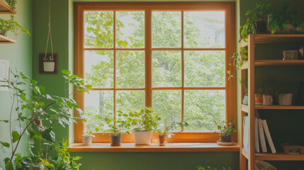 A bright and inviting indoor space featuring large window surrounded by various green plants, creating refreshing atmosphere filled with natural light. vibrant greenery enhances cozy feel of room