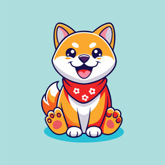 Cute Cartoon Shiba Inu Dog Wearing Red Bandana Vector Illustration.