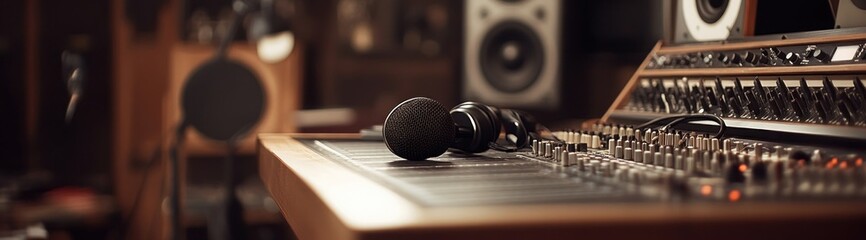 A microphone and headphones sit on a mixing board in a recording studio.