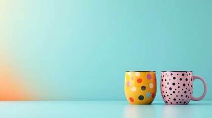Two colorful mugs feature cheerful polka dots against a soft turquoise background, creating a bright and inviting atmosphere perfect for any cozy setting.