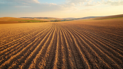 Fototapeta premium vast agricultural landscape showcases freshly plowed soil, with neat rows stretching into horizon under beautiful sky. warm light of sunset enhances serene atmosphere
