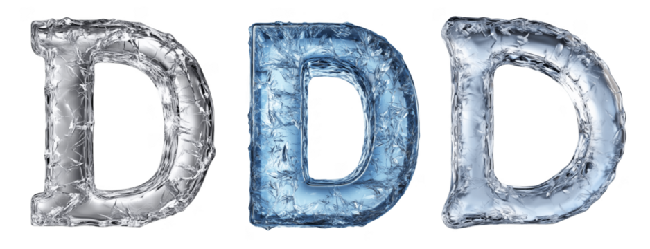 Set of letters D with an ice texture isolated on the background. An icy letter D on a transparent background.