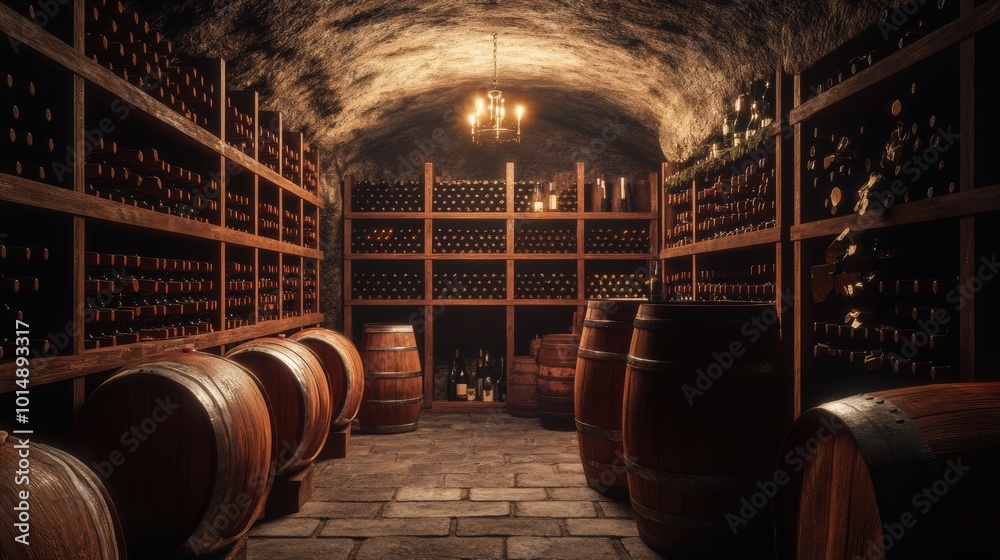 Poster explore a rustic wine cellar showcasing wooden barrels and neatly arranged wine bottles on sturdy sh