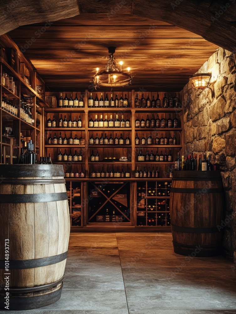 Poster a rustic wine cellar featuring wooden barrels and meticulously arranged shelves filled with an exten