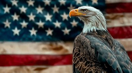 Naklejka premium beautiful eagle, symbol of courage and greatness, against the background of the US flag, elections, democracy