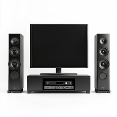 Fototapeta premium A home theater system, living room electronics, speakers and subwoofer set, isolated on white background