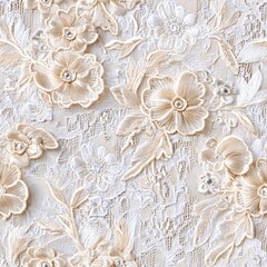 Intricate vintage lace and delicate floral hand embroidery adorn a romantic white gold fabric.  Decorative wedding design sample.