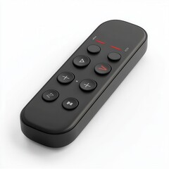 A smart TV remote, electronic device, sleek black with minimal buttons, isolated on white background