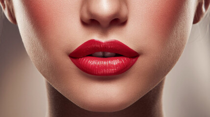 Naklejka premium A close-up of a woman's attractive lips with red lipstick.