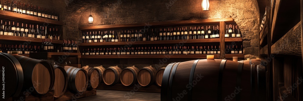 Poster Explore the rustic wine cellar adorned with wooden barrels and bottles lining the shelves in a tranquil setting. Generative AI