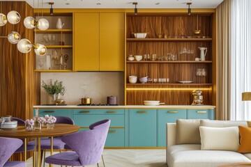 Minimalist dwelling with azure kitchen cabinets, wooden shelves, mustard walls, gold lighting, cream sofa, and lavender dining chairs