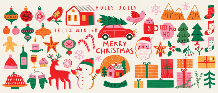 Christmas set of graphic elements, hand drawn style - cute objects, snowmen, Santa Claus and other elements. Vector illustration.