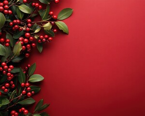A stunning arrangement of vibrant red berries and lush green leaves set against a rich red background, perfect for holiday decor and seasonal inspiration.