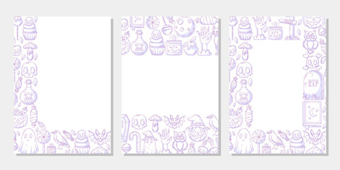 Set of vector halloween vertical a4 poster, space for text. Purple upper, bottom, corner border frame with spooky and scary elements. For card, banner, invitation, social media, party or planner.
