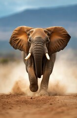 Witness the awe-inspiring moment as a powerful elephant charges forward, showcasing its majestic presence and strength against a stunning backdrop of nature.