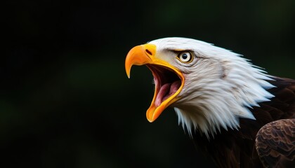 Obraz premium This striking image captures a bald eagle in mid-squawk, showcasing its powerful beak and intense gaze. A perfect representation of nature's fierce beauty and wildlife dynamics.