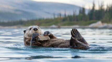 Fototapeta premium A charming otter floats gracefully on its back in clear waters, holding a smooth rock, showcasing its playful nature amidst a serene natural backdrop of mountains and trees.
