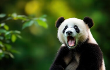 Obraz premium This captivating image features a young panda exuberantly yawning, showcasing its playful spirit amidst a lush green backdrop. Its charming expression captures the essence of wildlife joy.