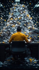 A lone figure sits at a desk, engulfed by towering piles of paperwork. The chaotic scene highlights the stress and burden of overwhelming administrative tasks.