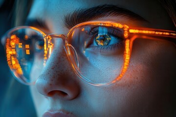 closeup of intense eyes behind glasses reflecting a digital world of technology and cyber security conveying focus and determination in a modern context