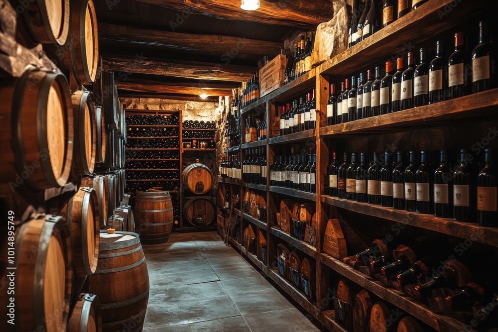 Poster explore a rustic wine cellar filled with wooden barrels and neatly arranged shelves of fine bottles.