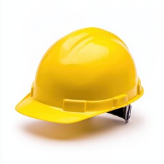 Fototapeta premium A construction worker's hard hat, profession gear, yellow with adjustable strap, isolated on white background