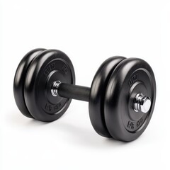 A pair of dumbbells, fitness equipment, black neoprene with textured grip, isolated on white background