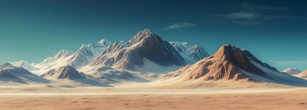 4. A stunning illustration of a barren rocky planet, where a stark desert landscape unfolds with sharp mountain ranges and soft sand dunes, conveying the vastness of this alien environment