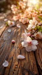Naklejka premium Fruit blossoms on wooden table, spring background, warm sunlight, vibrant and fresh, natural setting, inviting atmosphere