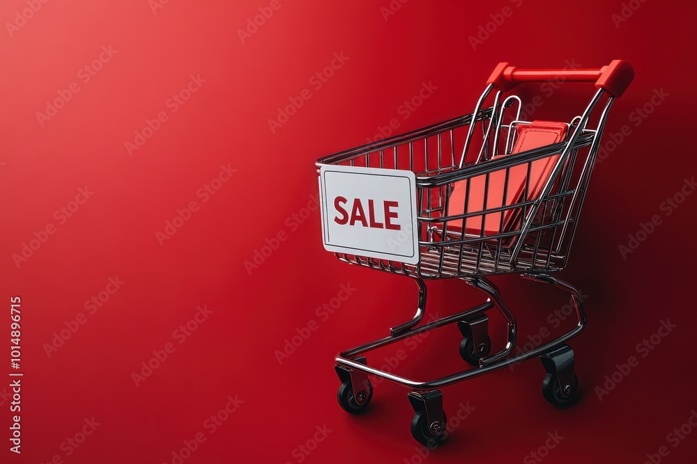 Wall mural shopping cart with sale sign on red background