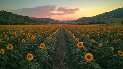 Fototapeta premium Scenic view of a sunflower field at dusk, viewed from a distance, highlighting the colors and beauty of the landscape 